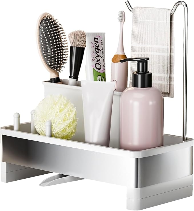 Ewaiira Sponge Holder for Kitchen Sink, Stainless Steel Sink Caddy | with Brush Holder & Dishcloth Rack, Countertop Sink Organizer, Soap Dispenser Kitchen Organizers Storage (E-White 9.8″)