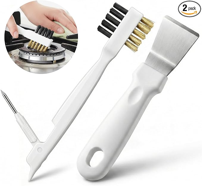 Gas Stove Top Cleaner Set - Kitchen Cleaning Scrub Brush with Cooktop Scraper + Scraper Tool, Household Cleaning Tools & Scrubber for Range Hood Grease Grime