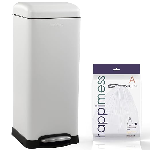 happimess Betty 8 Gal Step Trash Can Soft-Close Lid, Cotton White | Fingerprint Resistant, Removable Liner, Semi-Rectangular, Steel Pedal, Iron Powder Coated, 27" Height, Non-Skid Base