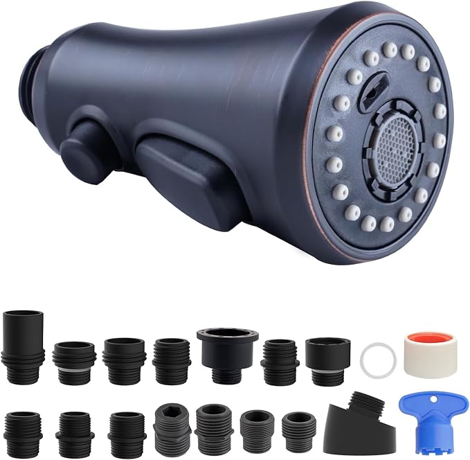 Hibbent Pull Down Spray Head for Kitchen Faucet, 3-Function Sink Nozzle | NSF/ANSI/CAN 61 & cUPC Certified Faucet Head Replacement, 15 Adapters, Compatible with Moen, Delta, Kohler, Oil-Rubbed Bronze