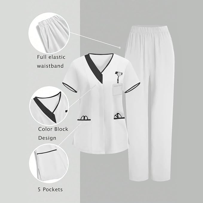 2026 Housekeeping Uniform Cleaning Uniforms - Button V Neck Top & Pants with Multi Pockets - Scrubs for Women