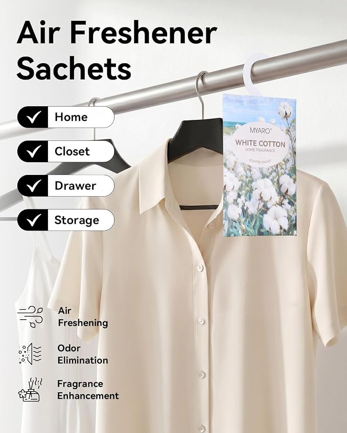 MYARO 12Pcs White Cotton Sachets Hanging Car Freshener, Closet Deodorizer | Long-Lasting Sachet Bags, Odor Eliminator for Closet, Drawer, Bathroom, Clothes, Fabric Refresher, Home Fragrance Gift Set