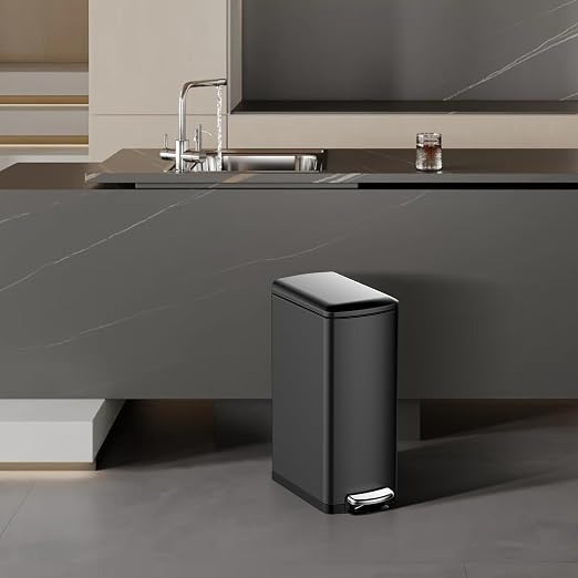 8Gal/30L Slim Kitchen Trash Can, Skinny Stainless Steel Garbage Can with Removable Inner Bucket & Soft Close Lid, Narrow Trash Bin for Bathroom Living Room Office, Black