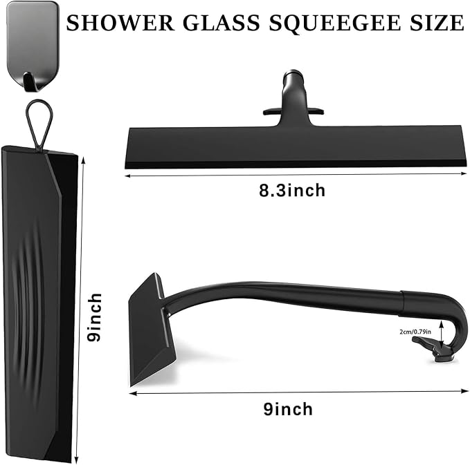 2PACK Shower Squeegee for Glass Doors All-One-Piece Silicone with Hook | Design for Easy Hanging & Cleaning for Bathroom, Window, Kitchen, Mirror, Tile Wall, Car, Streak-Free No-Squeak Tool, Black
