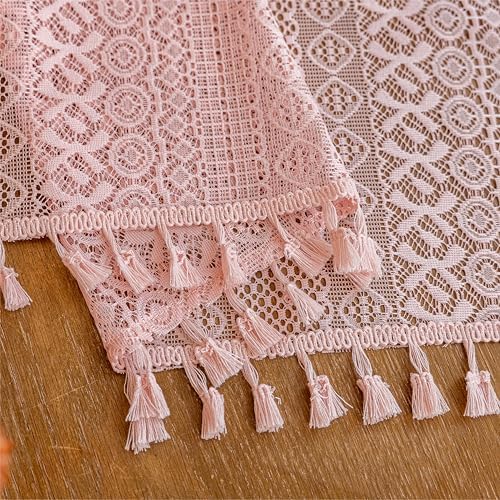 Sutuo Home Lace Sheer Boho Curtains for Bedroom Dining Room, Soft Plush Pink Bohemian Crochet Tassels Farmhouse Window Curtains Drapes Vintage Chic Decor, Rod Pocket 1 Panel 59" W x 96" L, Light Pink