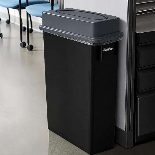 PLASTIC PRINCE 23 Gallon Slim Trash Can with Swing Lid Commercial Rectangular Garbage Can with Drop Shot Lid Waste Bin with Double Flip Top for Restaurant Home Kitchen Office, Black/Gray 2 Pack