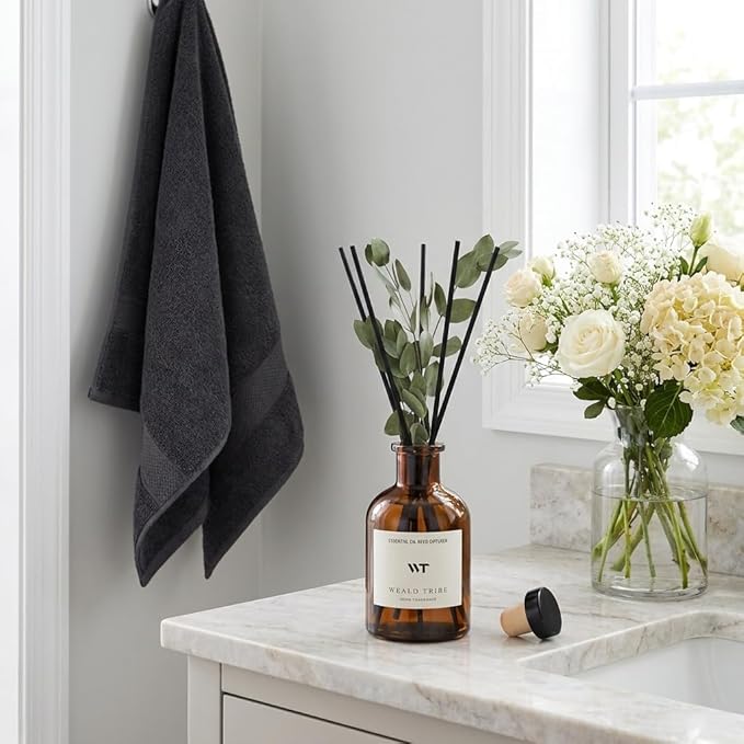 Eucalyptus & Mint Scent Reed Diffuser Set for Bathroom Room Decor | Air Fresheners Oil Diffuser Sticks With Flower | 4.0 fl oz Home Fragrance With Sticks Defusers For House Bedroom Office Shelf