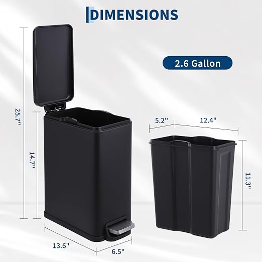 Slim Narrow Kitchen Trash Can with Lid, 10L Stainless Steel Step Pedal Garbage Can, Soft Close & Stay Open Lid Design, Space Saving Trash Bin with Removable Inner Bucket for Kitchen, Bathroom,Black