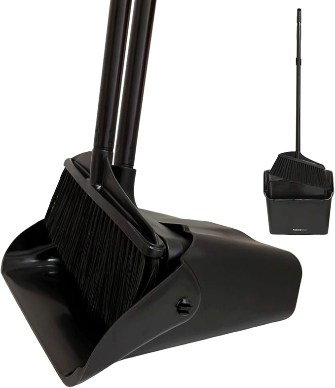 Broom and Dustpan Set， Dust Pan and Broom Combo | Long Handle and Wheels, Upright Standing，Heavy Duty，Large， for Indoor Outdoor, Kitchen, Garage, Restaurant Cleaning –Black