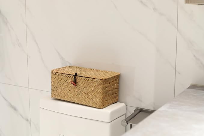 DOKOT Rectangular Handwoven Seagrass Small Storage Basket with Lid for Shelves and Home Organizer Bins,S (10.2"x5.5"x4.3"H), Natural