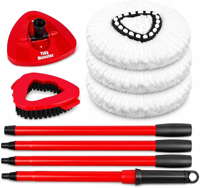 Spin Mop Replacement Set for OCeda EasyWring Spin Mop 1-Tank System, Contains 3 Replace Heads, 1 Spin Base, 1 Scrubber Head and 4-Section Handle (No Bucket)