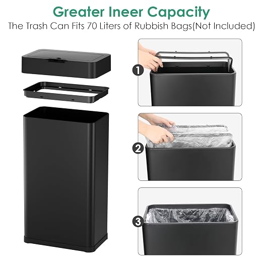 Arlopu Automatic Trash Can, Sensor Motion Stainless Steel Garbage Bin | Touchless Smart Waste Bin, W/Stay-Open, Soft Close Lid, Display Light for Kithchen, Living Room, Office (Black, 18.5gal)