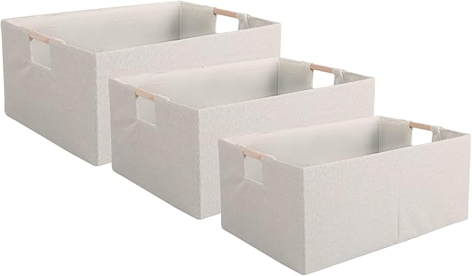 Fabric Storage Box, 13x9in Foldable Cotton Linen Basket with Wooden Handle | Small Rectangular Cube Decorative Home Laundry Organizer Clothes Blanket Container Organizing Clothes Sheets Jeans, Beige