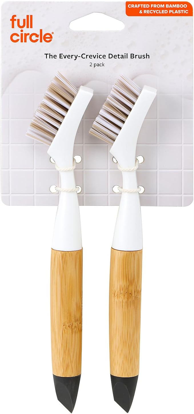 Full Circle The Every-Crevice Detail Brush, Deep Cleaning Brush for Crevices, Shower, & Grout, Tough Bristles, Sustainable Bamboo Handle, 2-Pack | Tough bristles & a sustainable bamboo handle make deep cleaning crevices and showers easy.