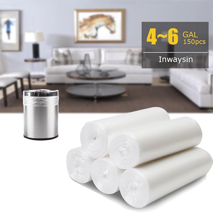Small Trash Bags 4 Gallon Garbage Bags Waste Basket Bin Liners Bags For Bathroom, Kitchen, Office, Home Bedroom,Car- Clear White (125 Count)