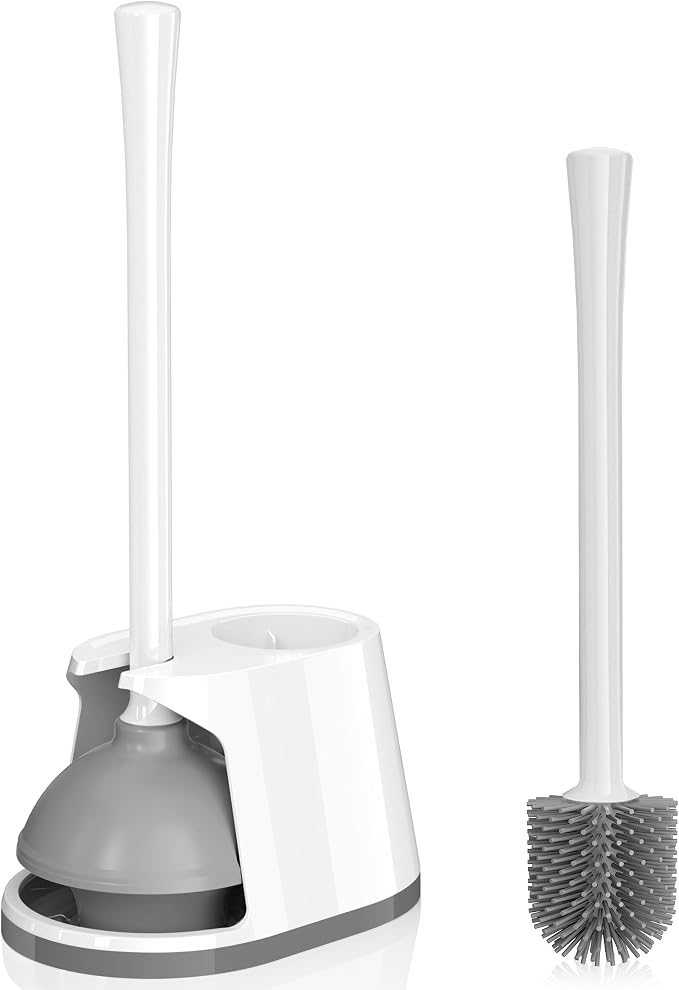Toilet Plunger and Brush Set, Silicone Bowl Brush and Heavy Duty Toilet Plunger with Ventilated Holder, 2-in-1 Toilet Brush and Plunger Combo for 5.3-inch Toilet Drain Bathroom Deeply Cleaning