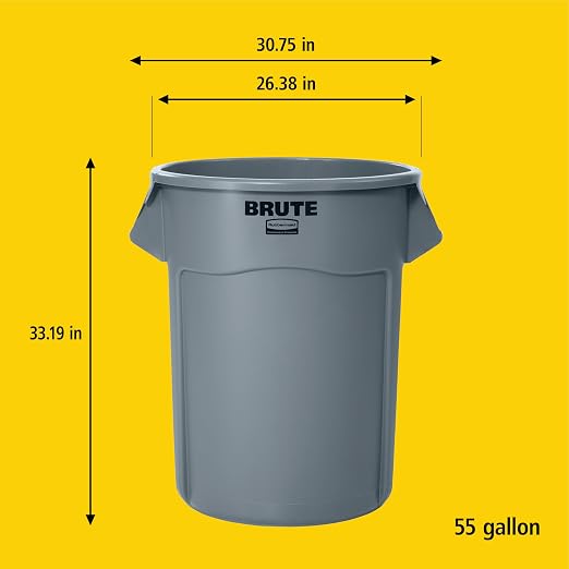 Rubbermaid Commercial Products BRUTE Heavy-Duty Round Vented Trash Can/Container without Lid, 55-Gallon, Black, for Landscapers/Construction Sites/Restaurants/Back of House/Offices/Warehouses