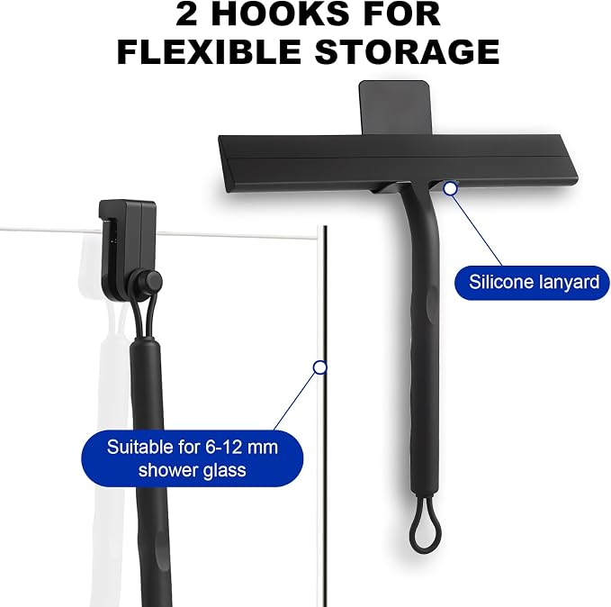 wlich 8 Inch Shower Squeegee, Silicone Squeegee for Glass Doors with 2 Hook | Streak-Free Cleaning, No-Drill Storage Hook, Non-Slip Handle, for Home, Hotel, Gym, Office Glass, Mirrors, Tiles, Windows