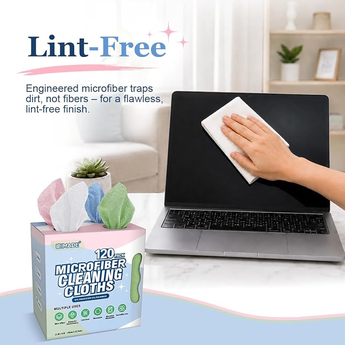 Microfiber Cleaning Cloth, 120 Pack Microfiber Towels for Cars | Reusable Paper Towels Lint Free Shop Rags with for Home Kitchen Automotive, 11"x 9", White & Green & Blue & Pink