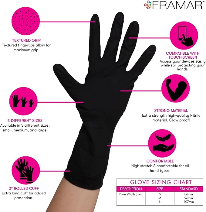 FRAMAR Black Disposable Gloves Large, 12 INCH Latex Free Gloves Large | Guantes Desechables, For Hair Dye, Cleaning, Tattoo, Mechanics, Extra Durable & Resistant, 100 Pack