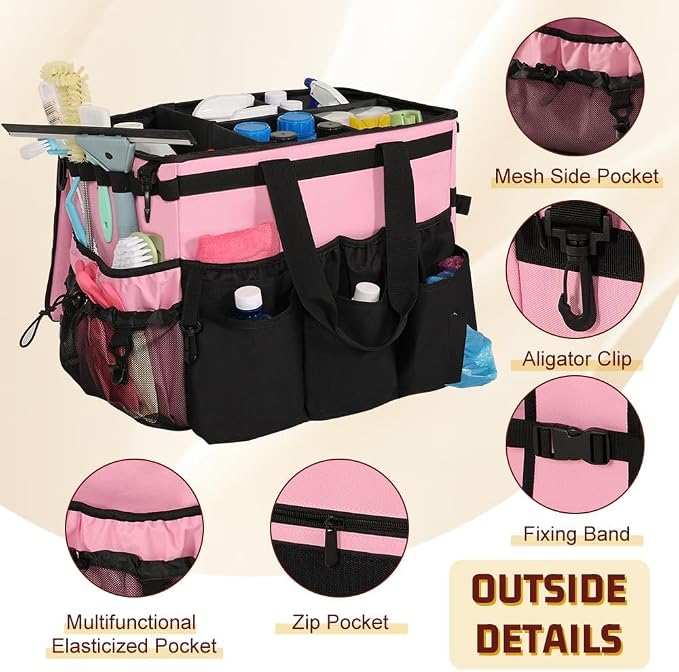 Large Rolling Cleaning Caddy with Cleaning Caddy Apron, Pink | Cleaning Caddy Bag with Detachable Trolley, Handles and Shoulder Strap, Cleaning Supplies Organizer for Cleaners Housekeepers