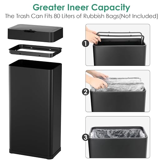 Arlopu Automatic Trash Can, Sensor Motion Stainless Steel Garbage Bin | Touchless Smart Waste Bin, W/Stay-Open, Soft Close Lid, Display Light for Kithchen, Living Room, Office (Black, 21.1gal)