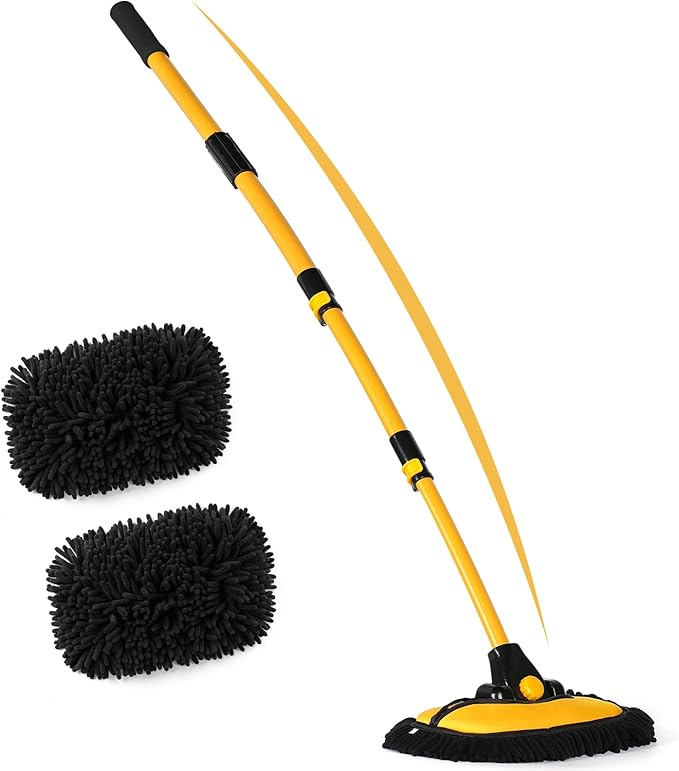 anngrowy 56.7" Car Wash Brush Mop Kit Mitt Sponge with Long Handle Car Cleaning Supplies Kit Tools Car Washing Duster Exterior Scratch Free, Chenille Replacement Head Extension Pole