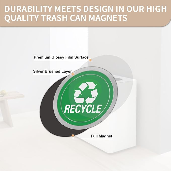 Recycle and Trash Magnets for Kitchen Cans and Recycling Bins | Silver Brushed Trash and Recycle Magnet Combo for Garbage Can Logo Symbol,Outdoor Waste Bin,5.5 Inch (Round)