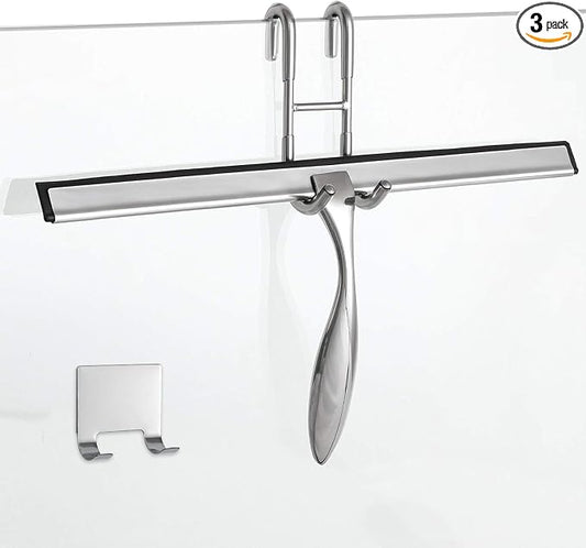 14-Inch Shower Squeegee Set, Includes Shower Door Hook and Adhesive Hook, Squeegee for Shower Doors, Mirror and Window, Silver