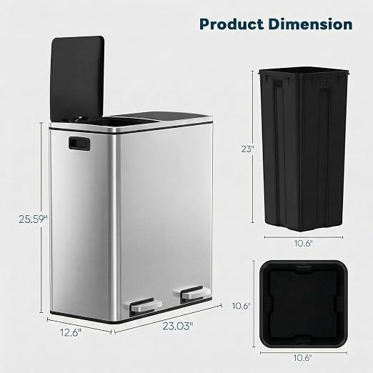 ComfyCorner 2 x 8 Gallon (2 x 30 L) Rectangular Stainless Steel Trash Can | Dual Compartment Garbage Bin with Recycling Combo, Metal Dustbin Lid,Removable Liner,Hands Free Waste Bucket for Kitchen Home