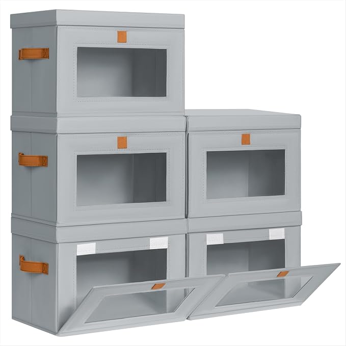 Homsorout Medium Fabric Storage bins - Collapsible Storage Bins with Open Window, 5 Pack Closet Baskets for Shelves, Stackable Decorative Boxes for Home, Dorm, Grey, 13.7"x 9.8" x 9.8"
