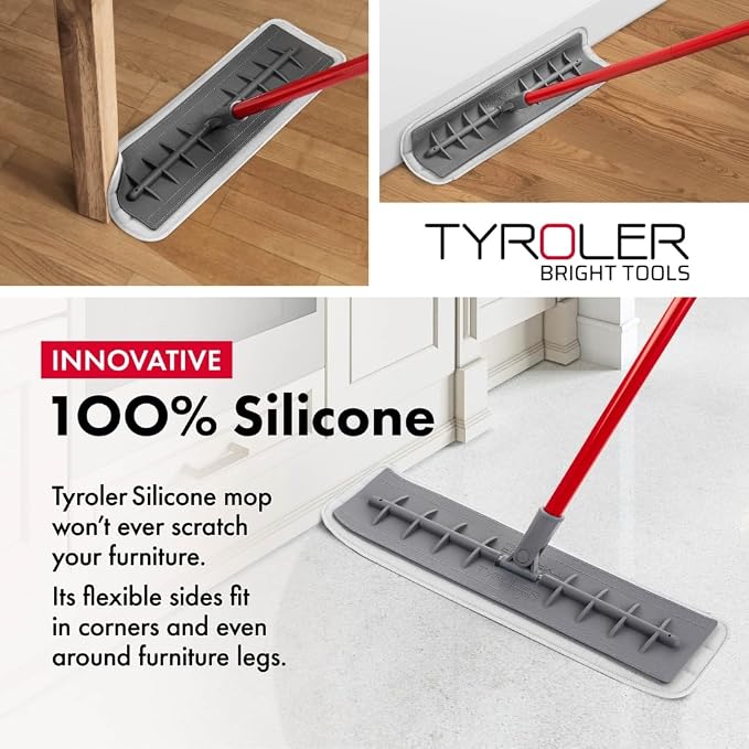 Floor mop Silicone | | Long Aluminum Anti-Rust 4-Part Handle 140 cm, Fits Hardwood, Walls, Laminate, Parquet & Tile | 2 Microfiber Pads