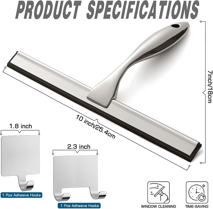 All-Purpose Shower Squeegee for Shower Doors, Bathroom, Window and Car Glass, Cleaning Tile Wall - Stainless Steel with 2 Adhesive Hooks, 10 Inches