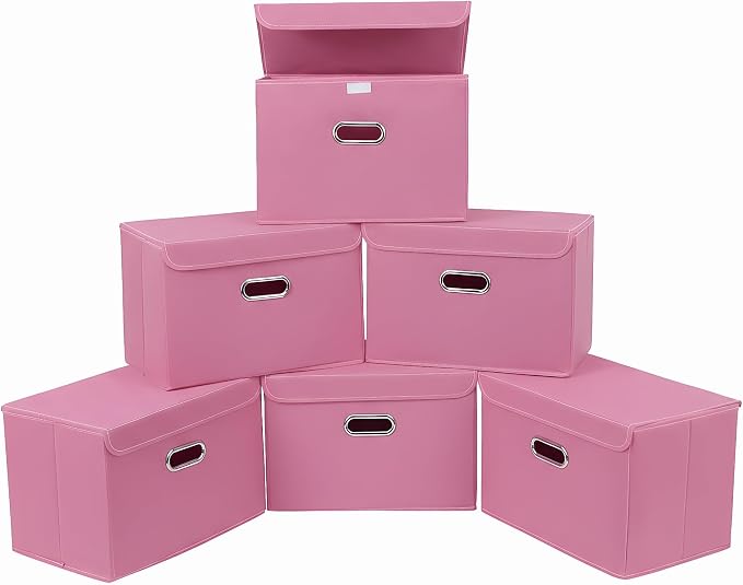STOREONE Fabric Storage Cube Bins Foldable Organizer Container Collapsible Basket with Lids and Metal Handles, for Home, Bedroom, Closet 6 Pcs (Pink)