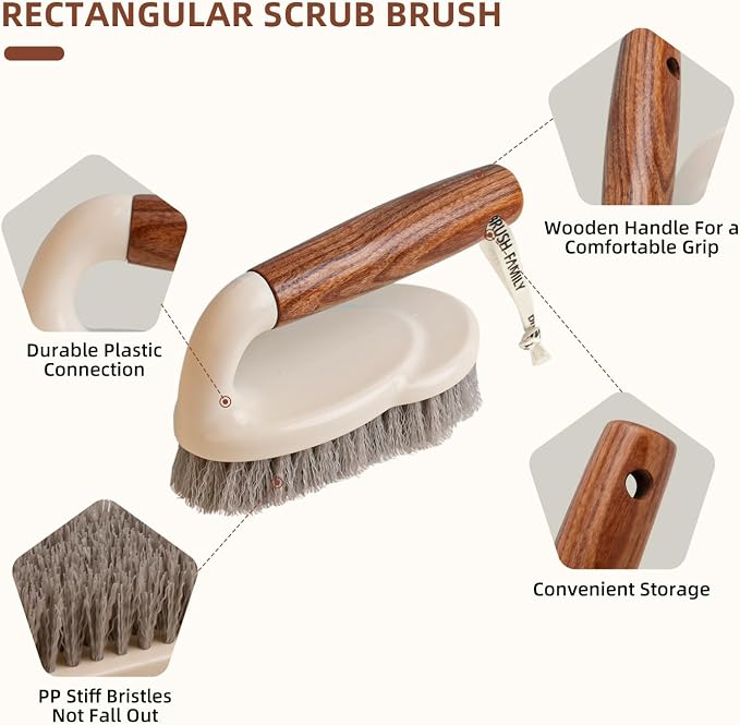 4-Pack Heavy Duty Scrub Brushes Set with Wooden Handles | Triangle & Square Floor Scrubber, Dish Brush, Grout Cleaner for Kitchen, Bathroom, Tile, Carpet & Stubborn Stains Removal