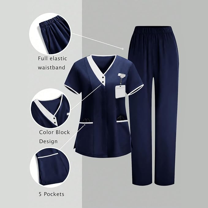 2026 Housekeeping Uniform Cleaning Uniforms - Button V Neck Top & Pants with Multi Pockets - Scrubs for Women