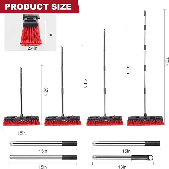 Broom for Outdoor & Commercial-Grade Heavy-Duty Push Broom | 70 IN Adjustable Long Handle Ideal for Industrial Use Heavy Duty Durable for Garage Driveway and Sidewalk Cleaning