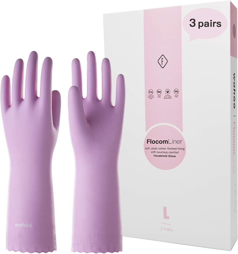 LANON 3 Pairs wahoo Cleaning Gloves, Cotton Flocked Liner, Mauve Mist,Large | Skin-Friendly, Dish Washing, Reusable, Latex Free, DEHP-Free, Non-Slip, Dishwashing Household Kitchen Gloves