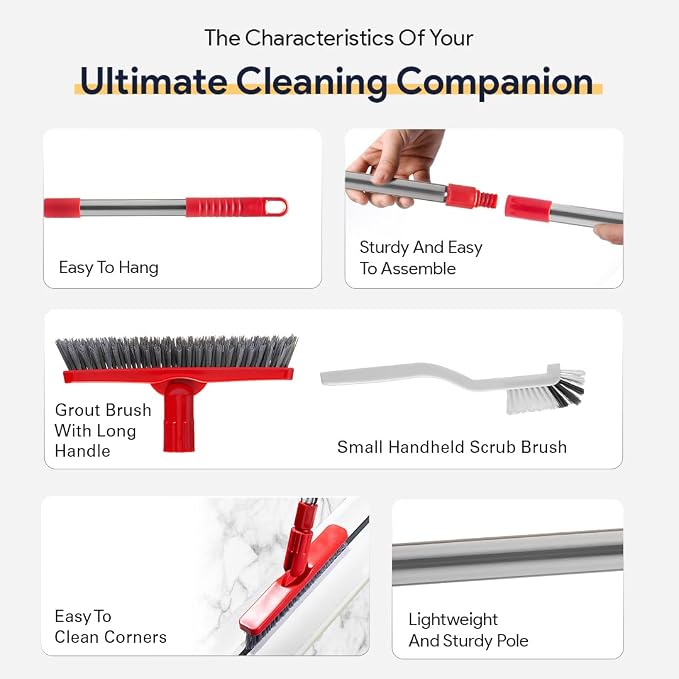 Foxtrot Living Grout Brush with Long Handle and Scrubber, Telescopic | V-shaped, telescopic handle, handheld scrubber included, for tile floors