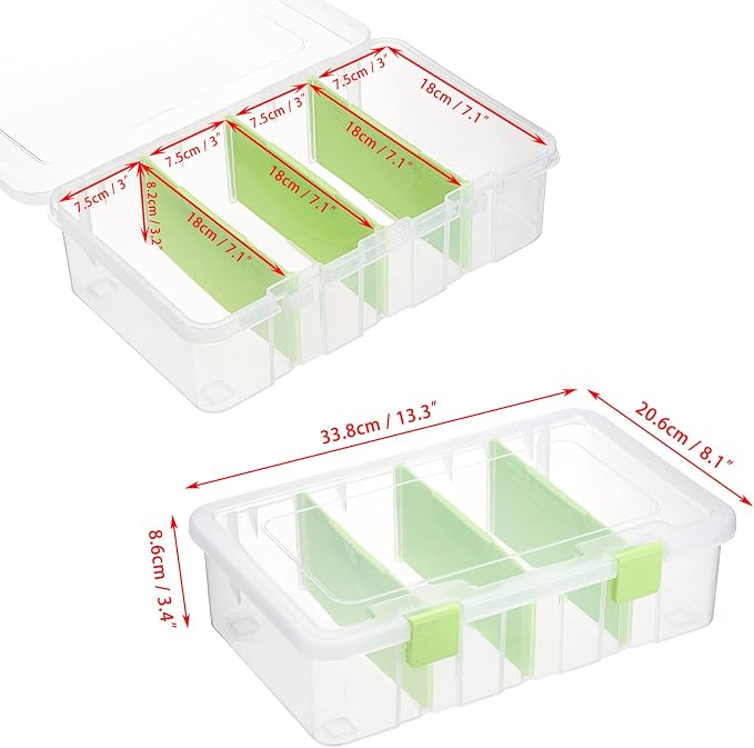 BTSKY Clear Plastic Dividing Storage Box with 4 Compartments Sewing Box | 13.3x8.1x3.4 Inches Adjustable Storage Bin with Lid Plastic Craft Storage Container Multipurpose Art Supply Organizer Green