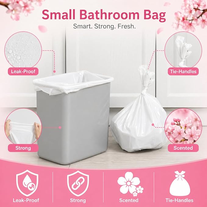 2.6 Gallon Scented Trash Bags with Handles (300 Bags) Small Bathroom Garbage Bags Wastebasket Can Liners for Home Office Bins (Cherry Blossom, 300 ct.)