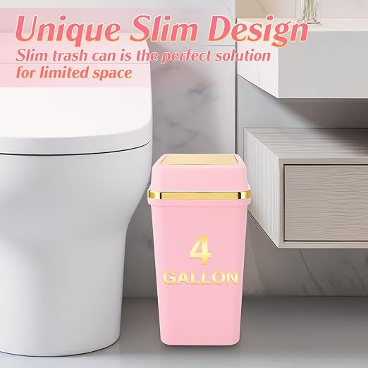 3 Pack Bathroom Trash Can with Lid 4 Gallon Small Trash Can with Swing Lid Bathroom Garbage Can with 150 Counts Trash Bags for Kitchen Bedroom Office(2 White 1 Pink)