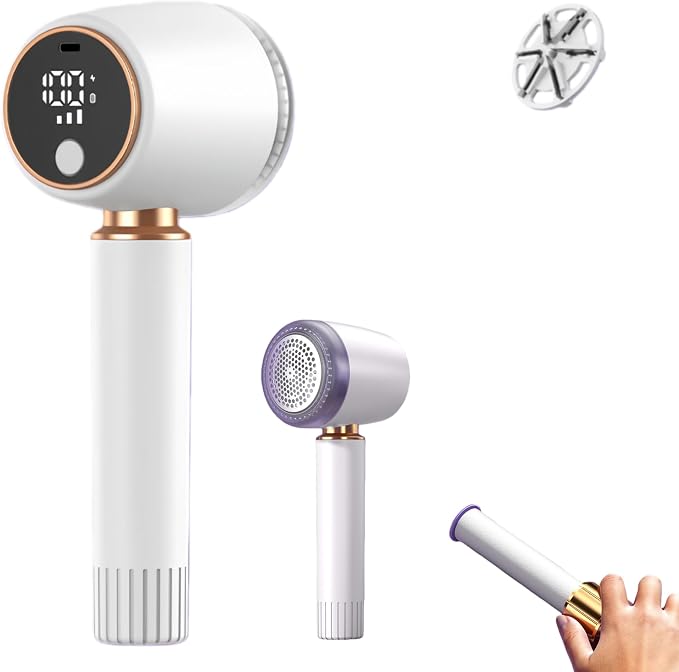 2-in-1 New Fabric Shaver and Lint Remover (White) | Rechargeable Electric Clothes Defuzzer with LED Display, 6 Blades & 3 Speeds for Sweater, Blanket, Furniture