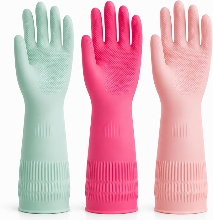Rubber Dishwashing Gloves, Reusable Cleaning Gloves with Long Cuffs