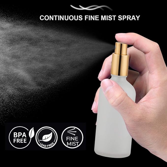 Glass Spray Bottle with Gold Sprayer, 3.4oz, 2 Pack | Perfume Atomizer, Empty, Fine Mist, Frosted