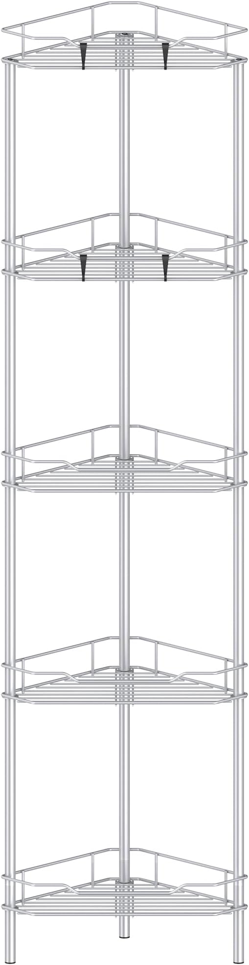 HuggieGems Metal Floor Standing Corner Shower Caddy, Silver, 5 Tier | Adhesive Bathroom Organizer Shelves, Free Standing Shower Rack with Hooks, Hold Large Shampoo Bottles