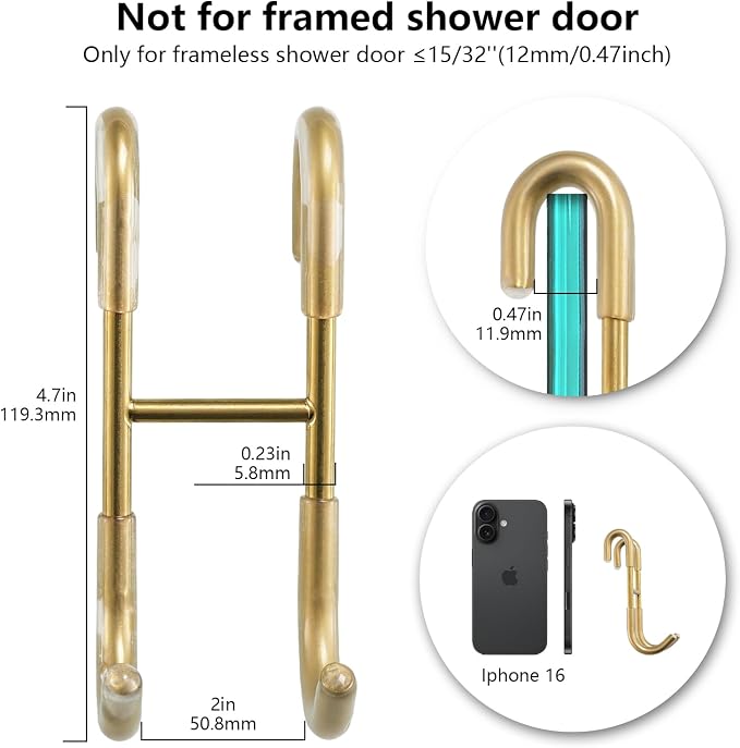 NINETREX Shower Door Hooks, Towel Hooks Frameless Glass Door, 2 Pack | Heavy Duty SUS 304 Stainless Steel, for Towels Squeegee Loofah Shaver Robe, Bathroom Storage, Antique Gold