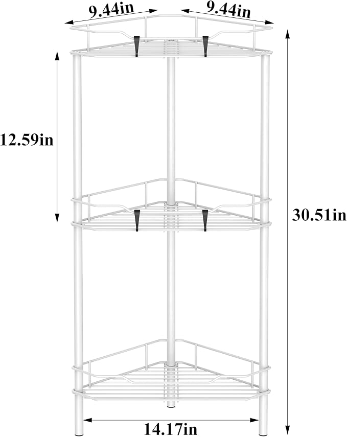 HuggieGems Metal Floor Standing Corner Shower Caddy, White, 3 Tier | Adhesive Bathroom Organizer Shelves, Free Standing Shower Rack with Hooks, Hold Large Shampoo Bottles