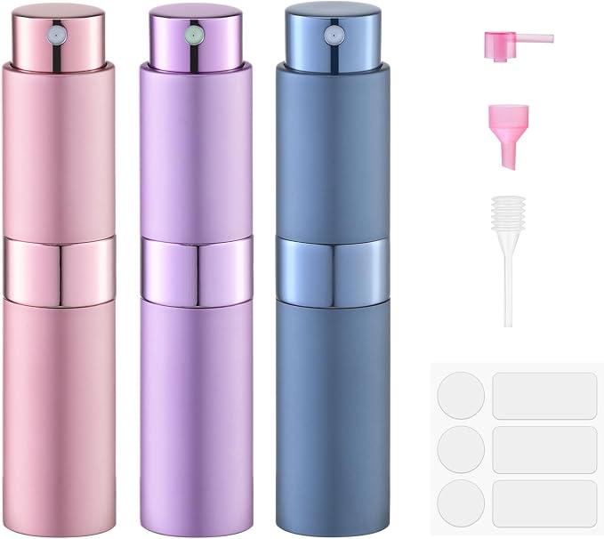 8ml Travel Perfume Bottle Refillable, Atomizer Sprayer for Cologne 3PCS | Twist up spray for fragrance, leak proof, mini size, empty, portable, refill small decanter, for men & women, TSA
