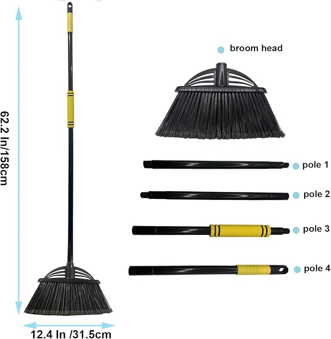 Four-Section Rod Long-Handled Broom,Heavy-Duty Broom, Angle Broom for Outdoor/Indoor（Black+Orange）